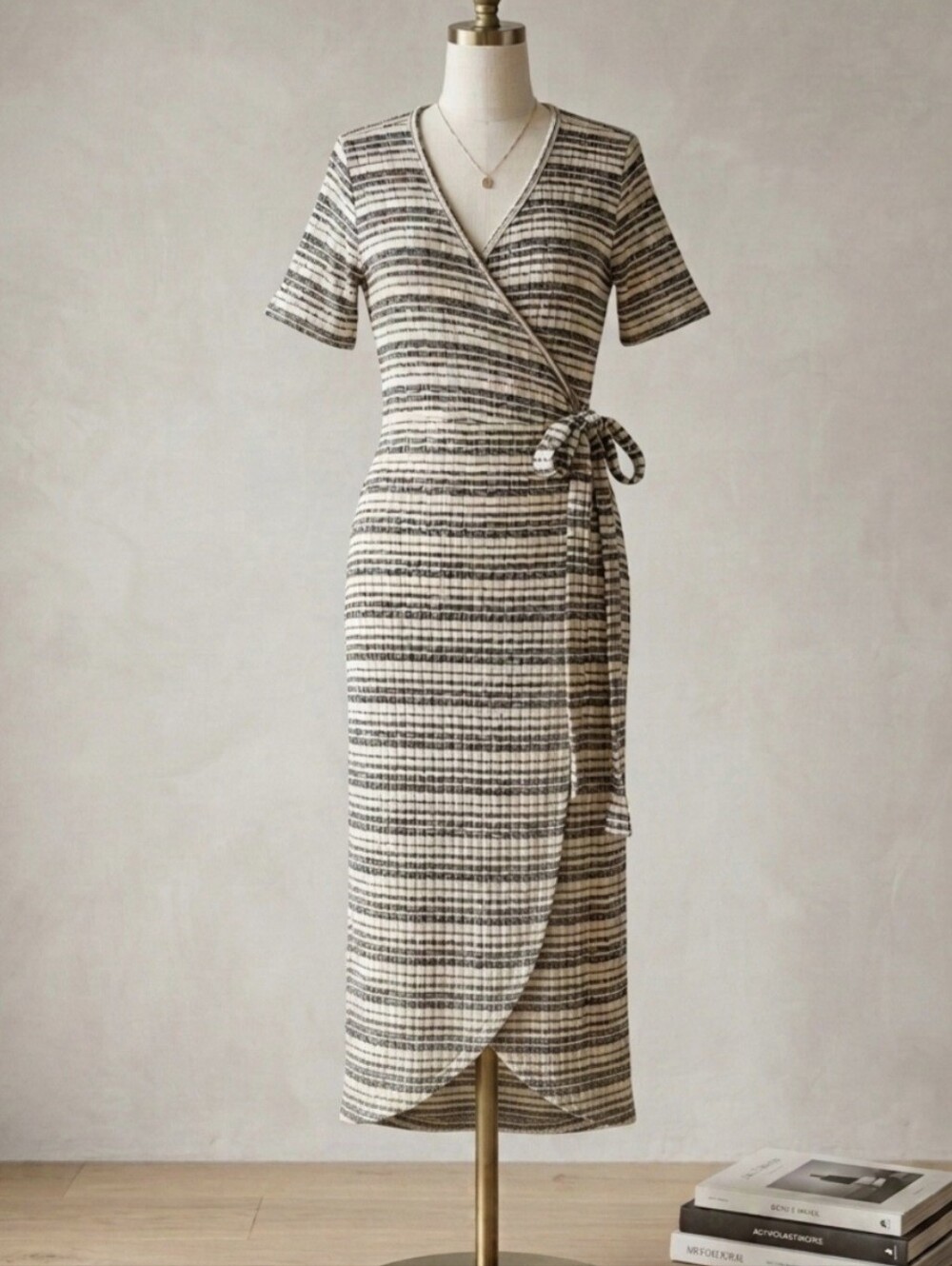 Sinuous Striped Rib-Knit Wrap Maxi Dress Women's Size M